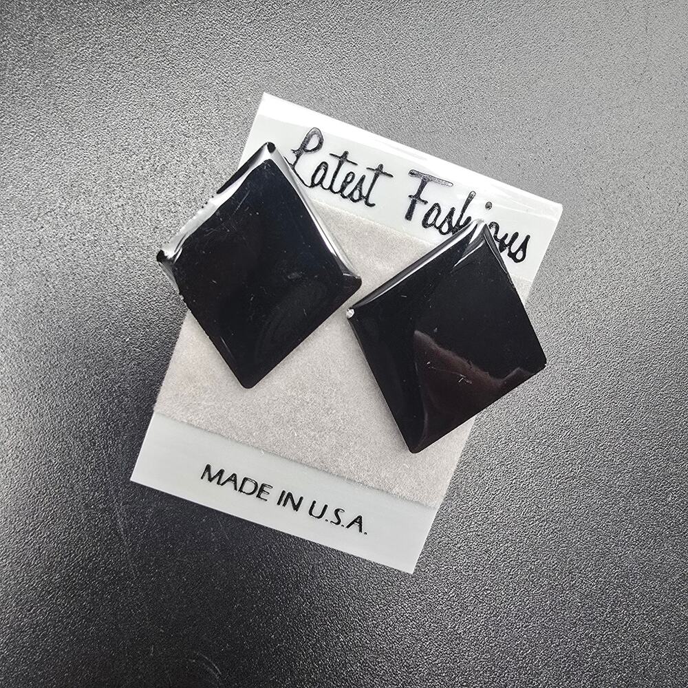 Black Enamel Diamond Shape Stud Earrings Vintage 1980s NOS On Card